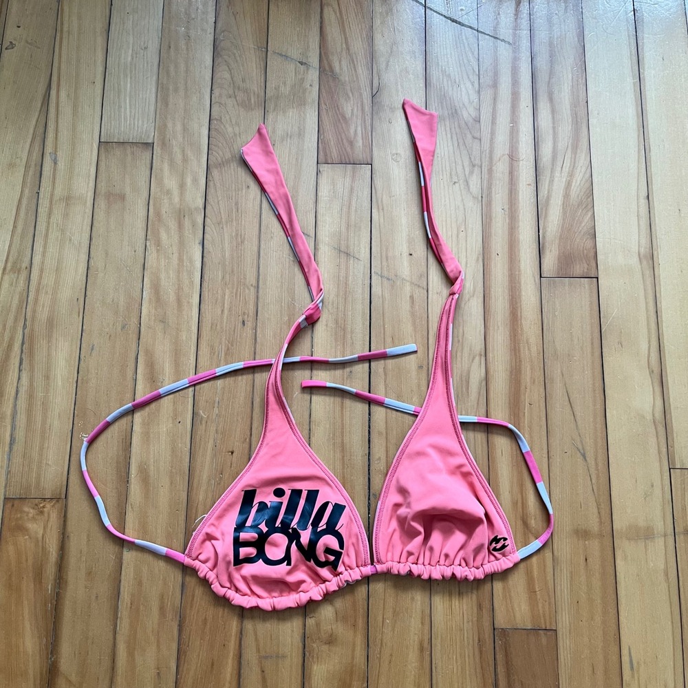 Billabong Reversible Triangle Bikini Top Pink Striped Logo Halter Swimwear